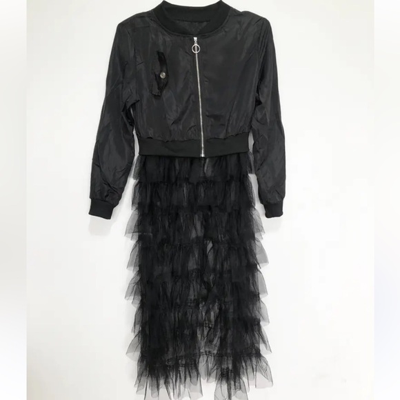 Zip up Long Bomber Jacket Tiered Mesh Black Tulle Layered Dress - Picture 7 of 10